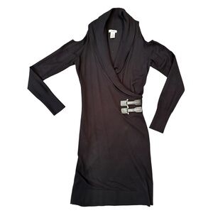 Cache Black Cold Shoulder Buckle Sweater Dress Size M